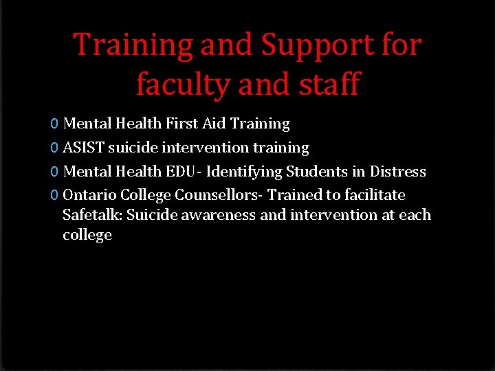 Training and Support for faculty and staff 0 Mental Health First Aid Training 0