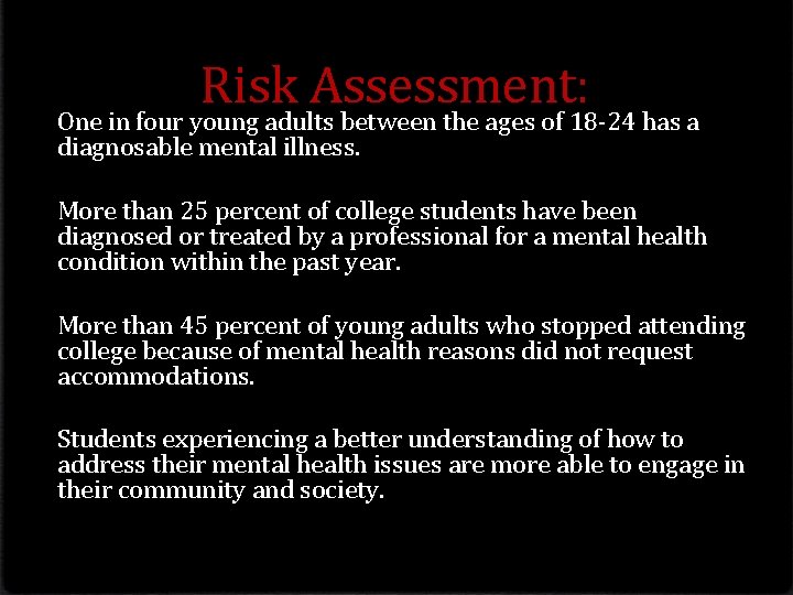 Risk Assessment: One in four young adults between the ages of 18 -24 has