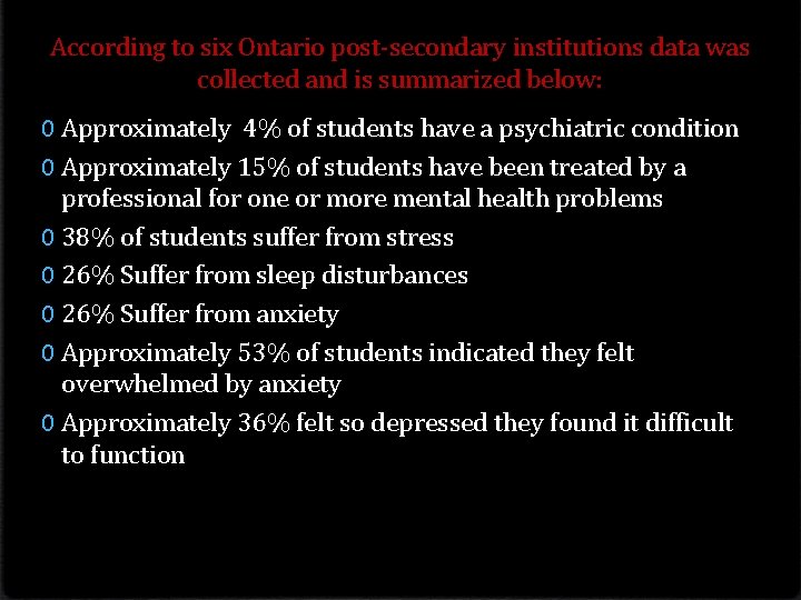 According to six Ontario post-secondary institutions data was collected and is summarized below: 0
