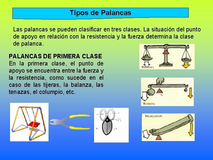 Tipos de Palancas Las palancas se pueden clasificar en tres clases. La situación del