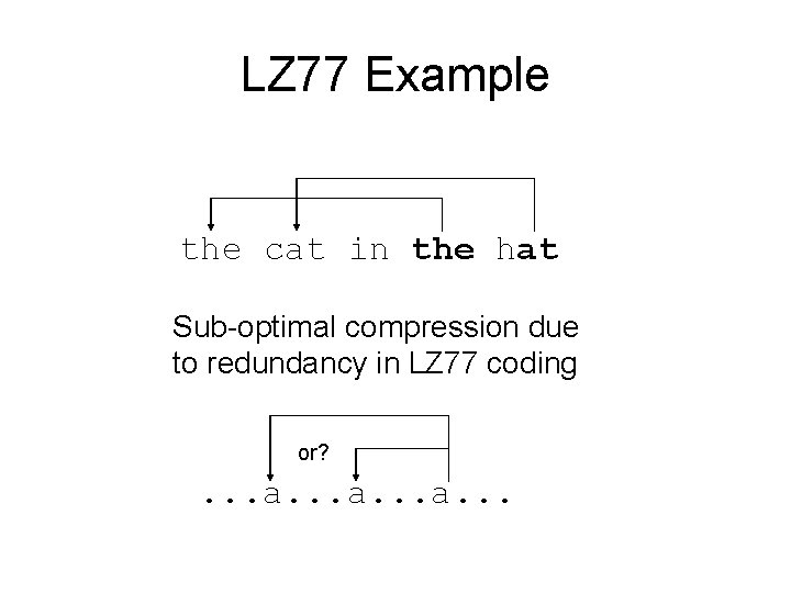 LZ 77 Example the cat in the hat Sub-optimal compression due to redundancy in