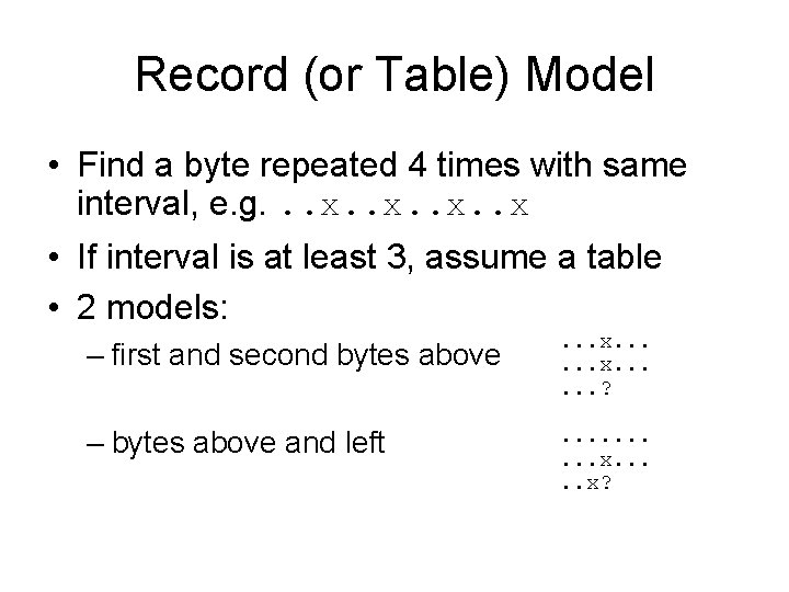 Record (or Table) Model • Find a byte repeated 4 times with same interval,