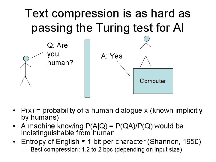 Text compression is as hard as passing the Turing test for AI Q: Are