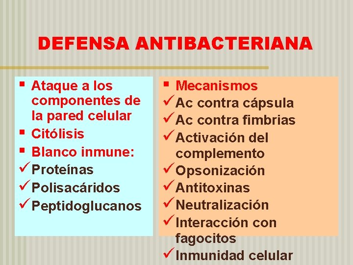 DEFENSA ANTIBACTERIANA § Ataque a los componentes de la pared celular § Citólisis §