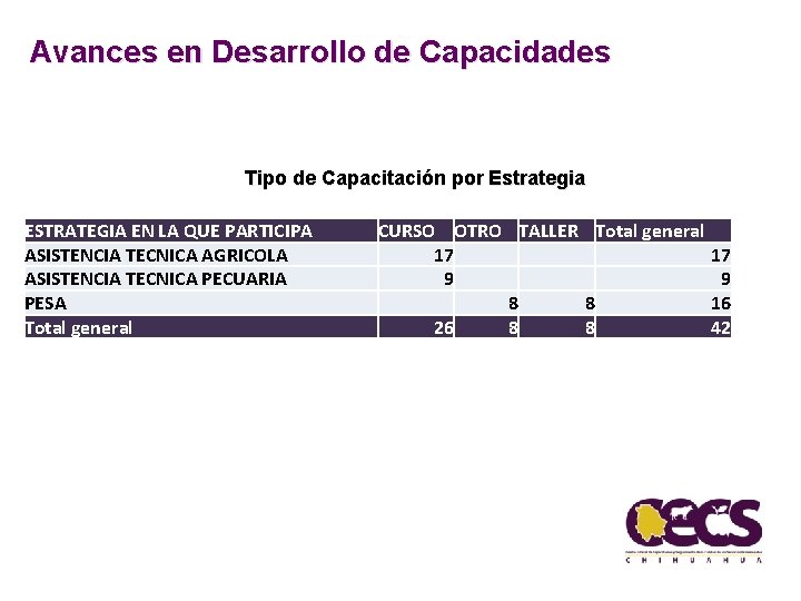 Avances en Desarrollo de Capacidades Tipo de Capacitación por Estrategia ESTRATEGIA EN LA QUE