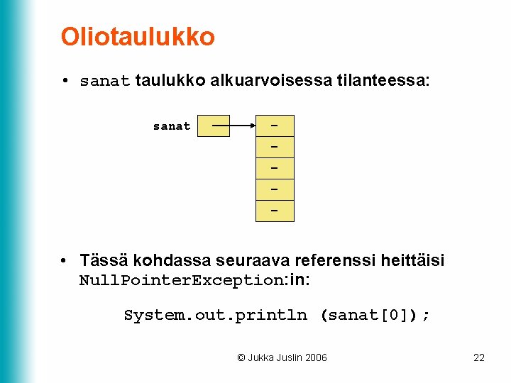 Oliotaulukko • sanat taulukko alkuarvoisessa tilanteessa: sanat - • Tässä kohdassa seuraava referenssi heittäisi Oliotaulukko • sanat taulukko alkuarvoisessa tilanteessa: sanat - • Tässä kohdassa seuraava referenssi heittäisi