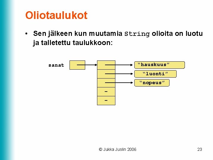 Oliotaulukot • Sen jälkeen kun muutamia String olioita on luotu ja talletettu taulukkoon: “hauskuus” Oliotaulukot • Sen jälkeen kun muutamia String olioita on luotu ja talletettu taulukkoon: “hauskuus”