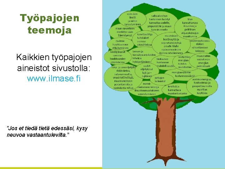 Työpajojen teemoja Kaikkien työpajojen aineistot sivustolla: www. ilmase. fi ”Jos et tiedä tietä edessäsi,