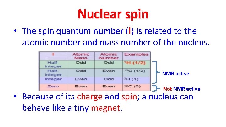 Nuclear spin • The spin quantum number (I) is related to the atomic number