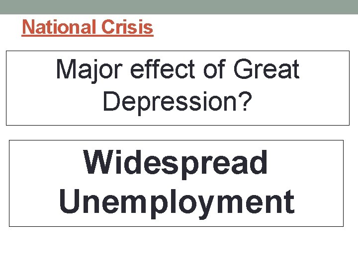 National Crisis Major effect of Great Depression? Widespread Unemployment National Crisis Major effect of Great Depression? Widespread Unemployment