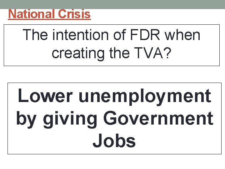 National Crisis The intention of FDR when creating the TVA? Lower unemployment by giving