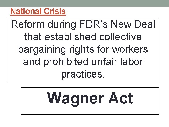 National Crisis Reform during FDR’s New Deal that established collective bargaining rights for workers
