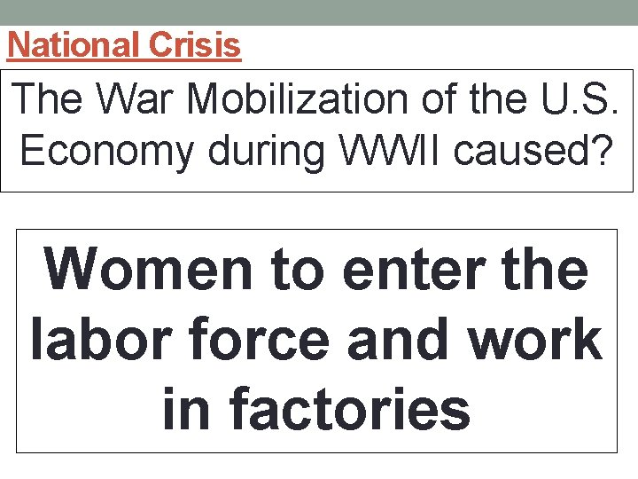 National Crisis The War Mobilization of the U. S. Economy during WWII caused? Women