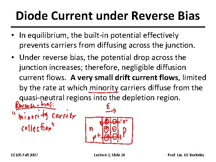 Diode Current under Reverse Bias • In equilibrium, the built-in potential effectively prevents carriers