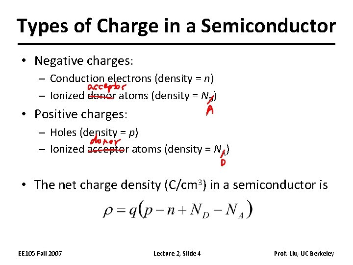 Types of Charge in a Semiconductor • Negative charges: – Conduction electrons (density =