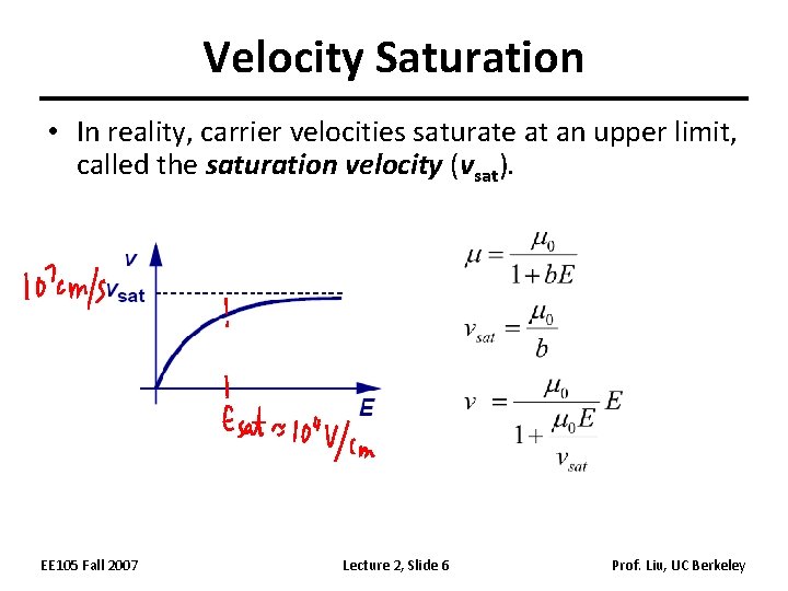 Velocity Saturation • In reality, carrier velocities saturate at an upper limit, called the