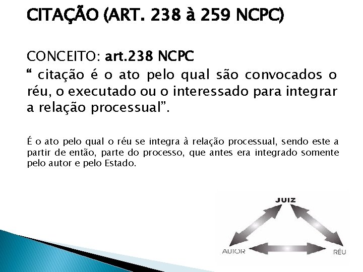 CITAÇÃO (ART. 238 à 259 NCPC) CONCEITO: art. 238 NCPC “ citação é o