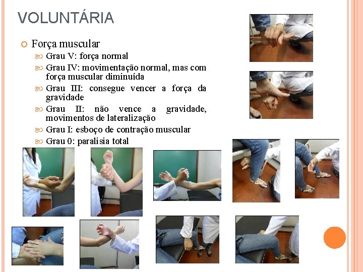 VOLUNTÁRIA Força muscular Grau V: força normal Grau IV: movimentação normal, mas com força