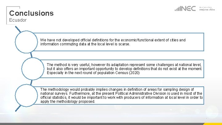 Conclusions Ecuador We have not developed official definitions for the economic/functional extent of cities