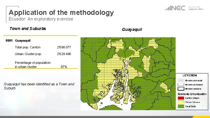 Application of the methodology Ecuador: An exploratory exercise Town and Suburbs Guayaquil 0901 Guayaquil