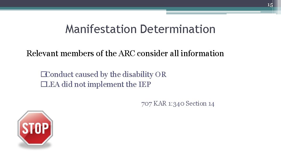 15 Manifestation Determination Relevant members of the ARC consider all information �Conduct caused by