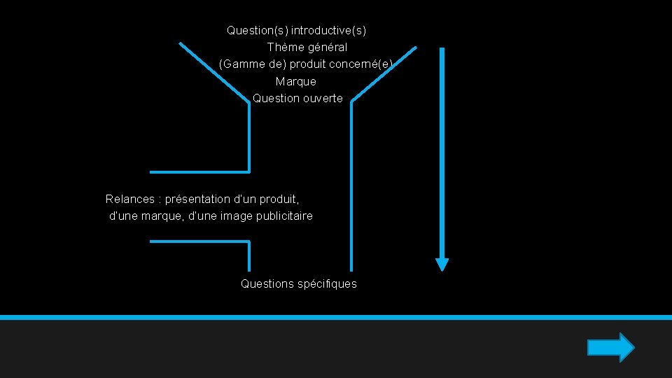 Question(s) introductive(s) Thème général (Gamme de) produit concerné(e) Marque Question ouverte Relances : présentation