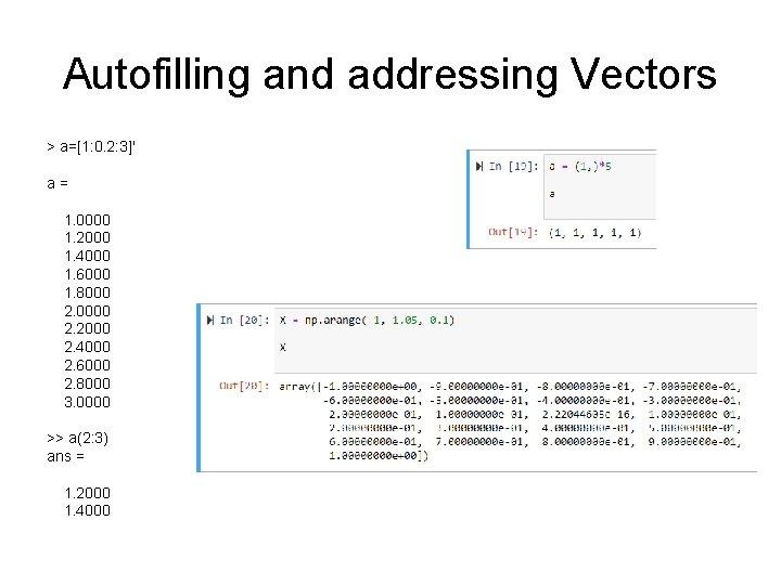 Autofilling and addressing Vectors > a=[1: 0. 2: 3]' a= 1. 0000 1. 2000