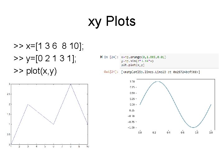 xy Plots >> x=[1 3 6 8 10]; >> y=[0 2 1 3 1];