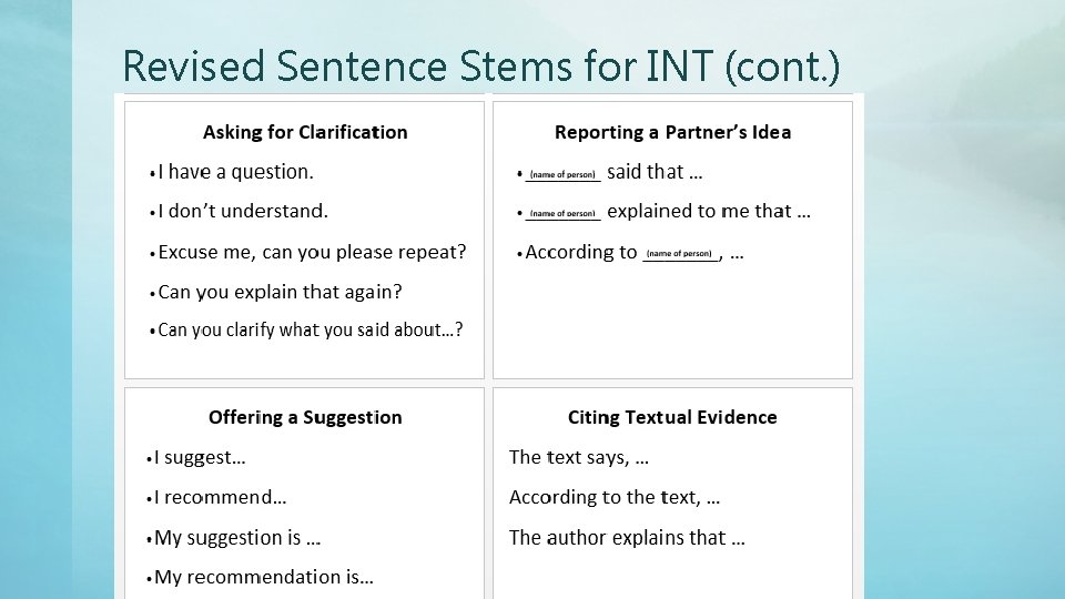 Revised Sentence Stems for INT (cont. ) 