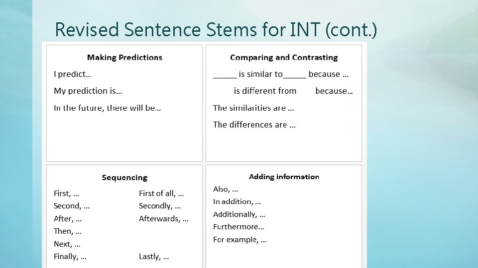 Revised Sentence Stems for INT (cont. ) 