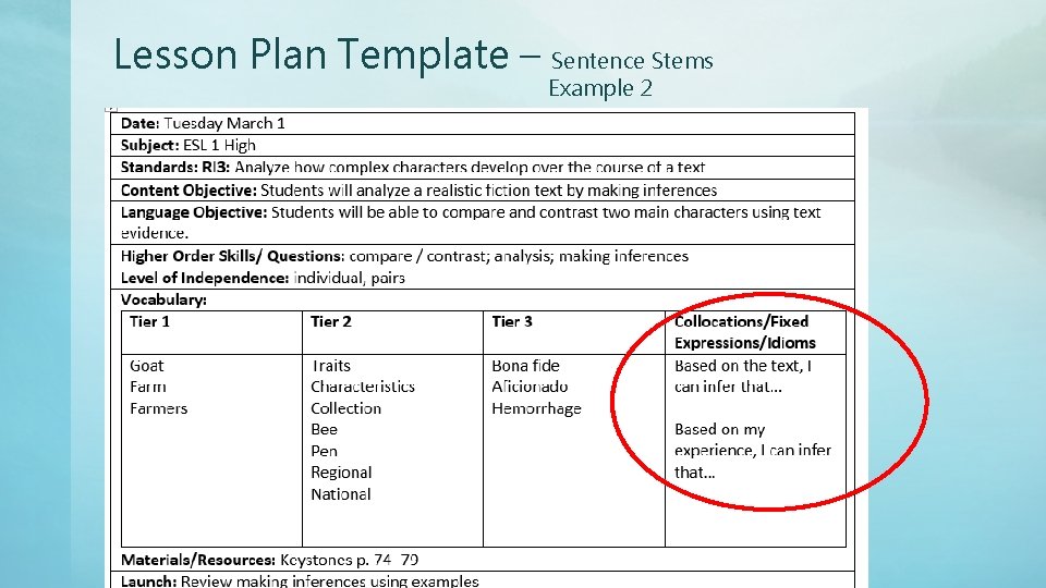 Lesson Plan Template – Sentence Stems Example 2 