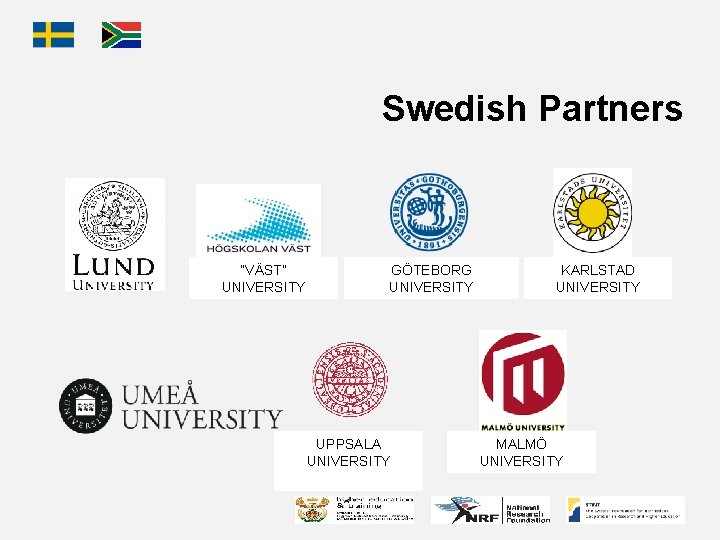 Swedish Partners “VÄST” UNIVERSITY GÖTEBORG UNIVERSITY UPPSALA UNIVERSITY KARLSTAD UNIVERSITY MALMÖ UNIVERSITY 