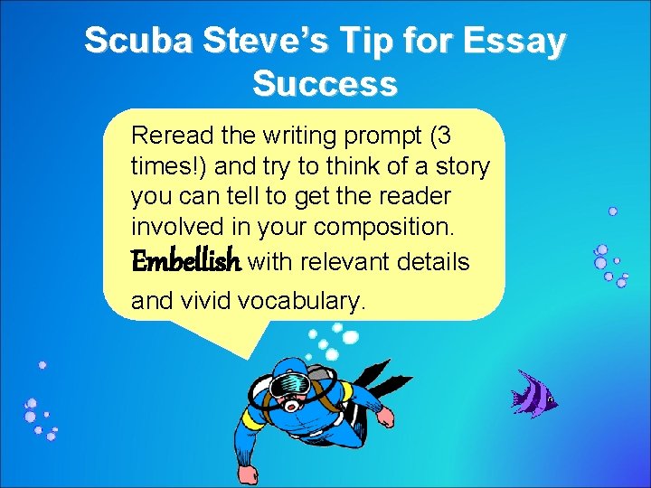 Scuba Steve’s Tip for Essay Success Reread the writing prompt (3 times!) and try