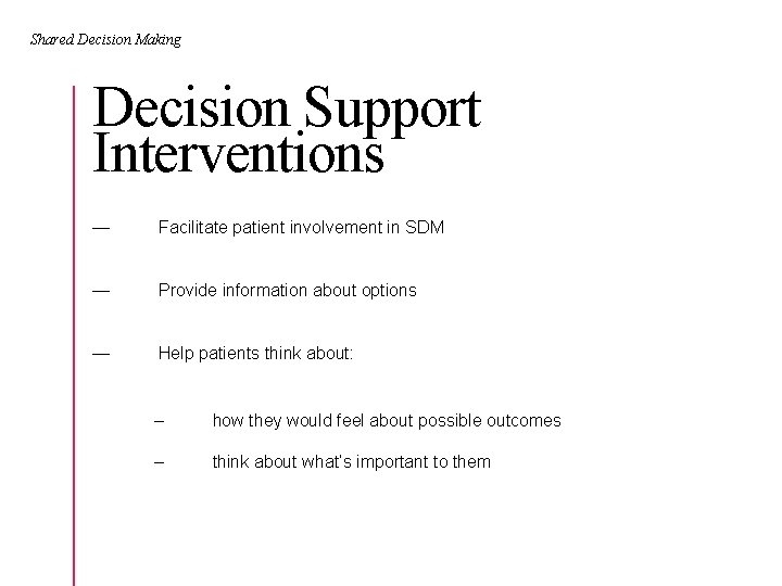 Shared Decision Making Decision Support Interventions — Facilitate patient involvement in SDM — Provide