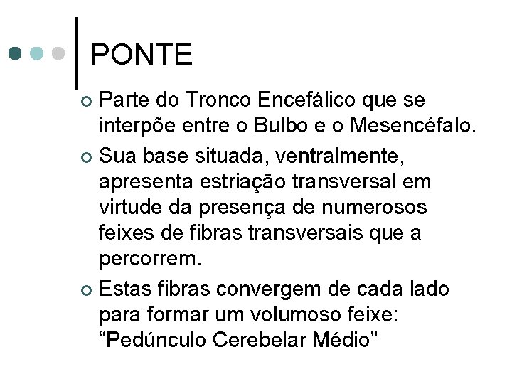 PONTE Parte do Tronco Encefálico que se interpõe entre o Bulbo e o Mesencéfalo.