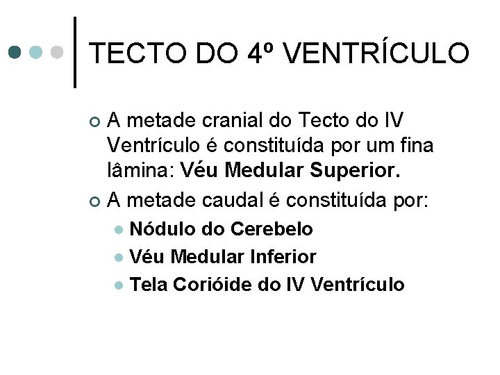 TECTO DO 4º VENTRÍCULO A metade cranial do Tecto do IV Ventrículo é constituída