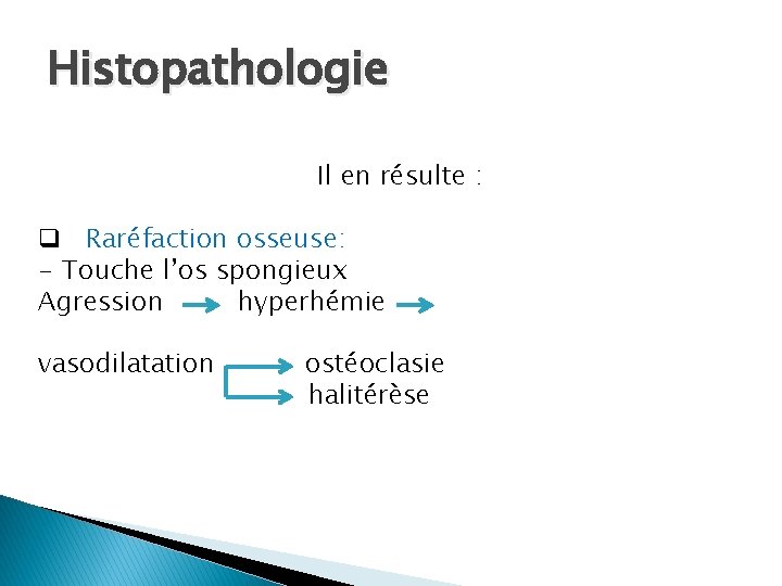 Histopathologie Il en résulte : q Raréfaction osseuse: - Touche l’os spongieux Agression hyperhémie