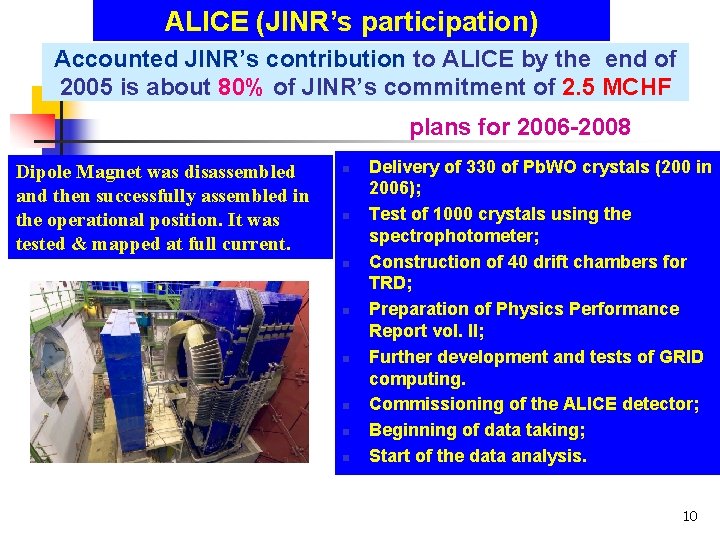 ALICE (JINR’s participation) Accounted JINR’s contribution to ALICE by the end of 2005 is