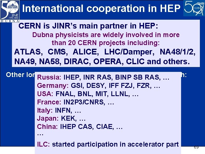 International cooperation in HEP CERN is JINR’s main partner in HEP: Dubna physicists are