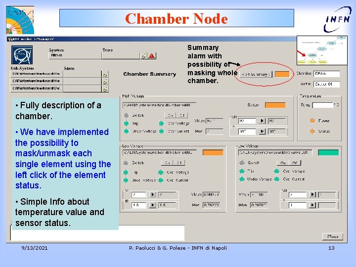 Chamber Node Summary alarm with possibility of masking whole chamber. • Fully description of