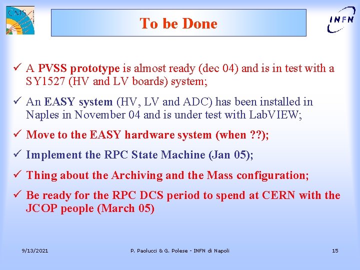 To be Done ü A PVSS prototype is almost ready (dec 04) and is