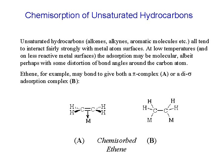 Chemisorption of Unsaturated Hydrocarbons Unsaturated hydrocarbons (alkenes, alkynes, aromatic molecules etc. ) all tend