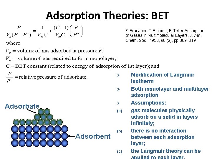 Adsorption Theories: BET S. Brunauer, P. Emmett, E. Teller Adsorption of Gases in Multimolecular