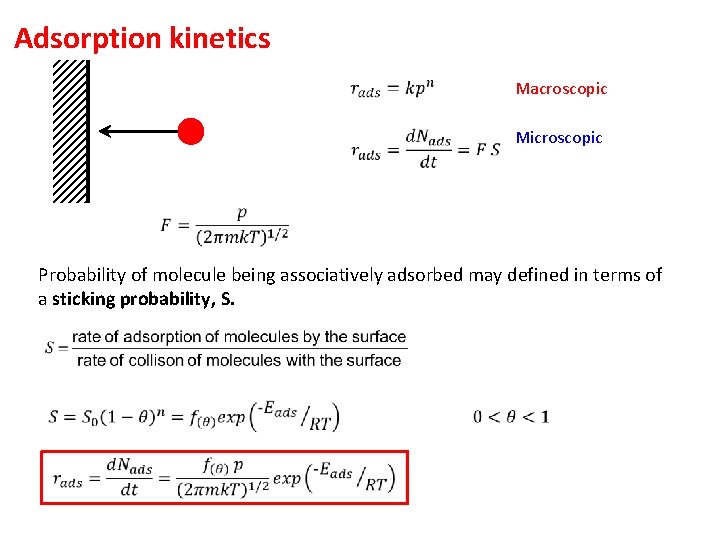 Adsorption kinetics Macroscopic Microscopic Probability of molecule being associatively adsorbed may defined in terms