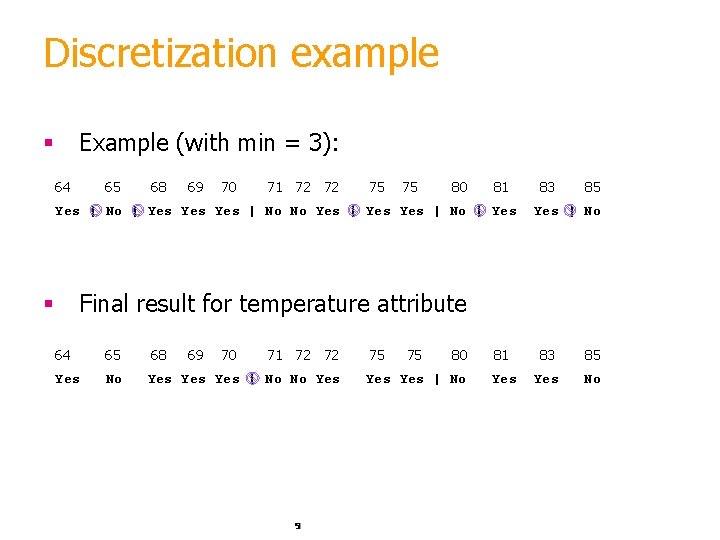 Discretization example Example (with min = 3): § 64 65 68 69 70 71