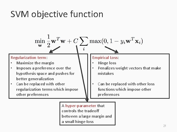 SVM objective function Regularization term: • Maximize the margin • Imposes a preference over