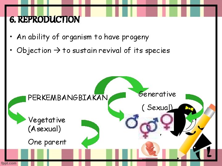 6. REPRODUCTION • An ability of organism to have progeny • Objection to sustain
