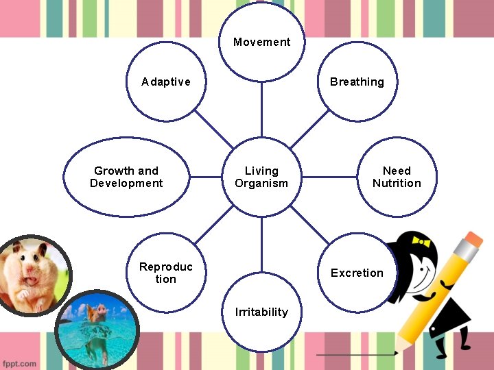 Movement Adaptive Growth and Development Breathing Living Organism Reproduc tion Need Nutrition Excretion Irritability