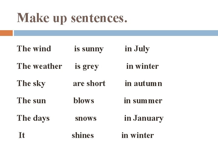 Make up sentences. The wind is sunny in July The weather is grey in