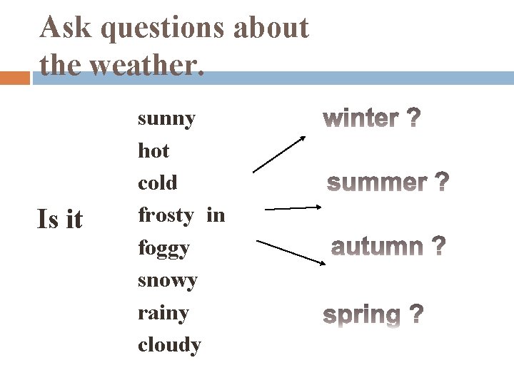 Ask questions about the weather. Is it sunny hot cold frosty in foggy snowy